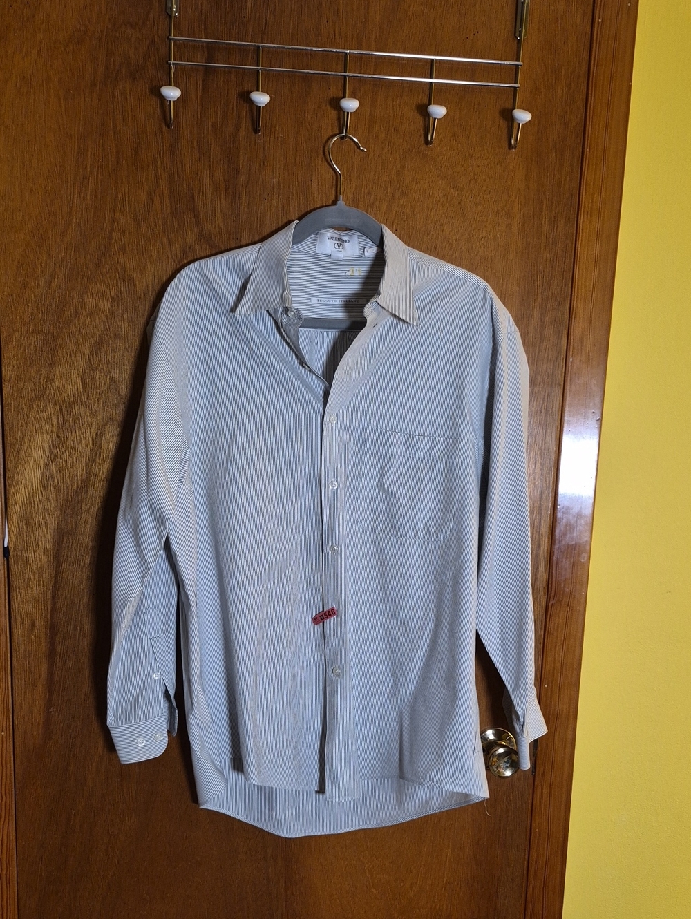 Valentino White W/Blue Stripes Long-Sleeve Dress Shirt Large